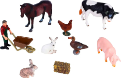 Фигурки животных Masai Mara серии На ферме Лошадь, корова, свинья, 2 кролика, утка, курица, фермер, тележка
